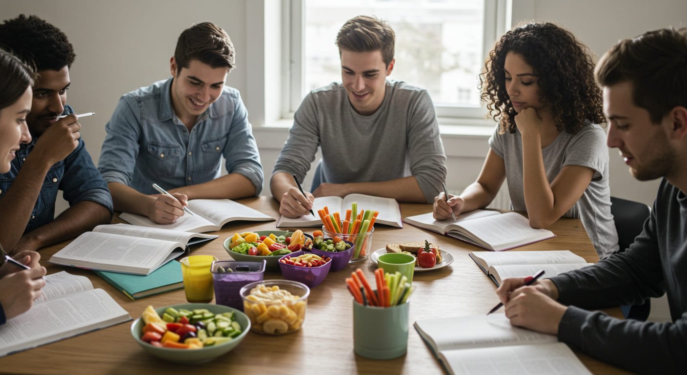 Estudantes universitários estudando com refeições saudáveis à mesa, promovendo alimentação consciente.