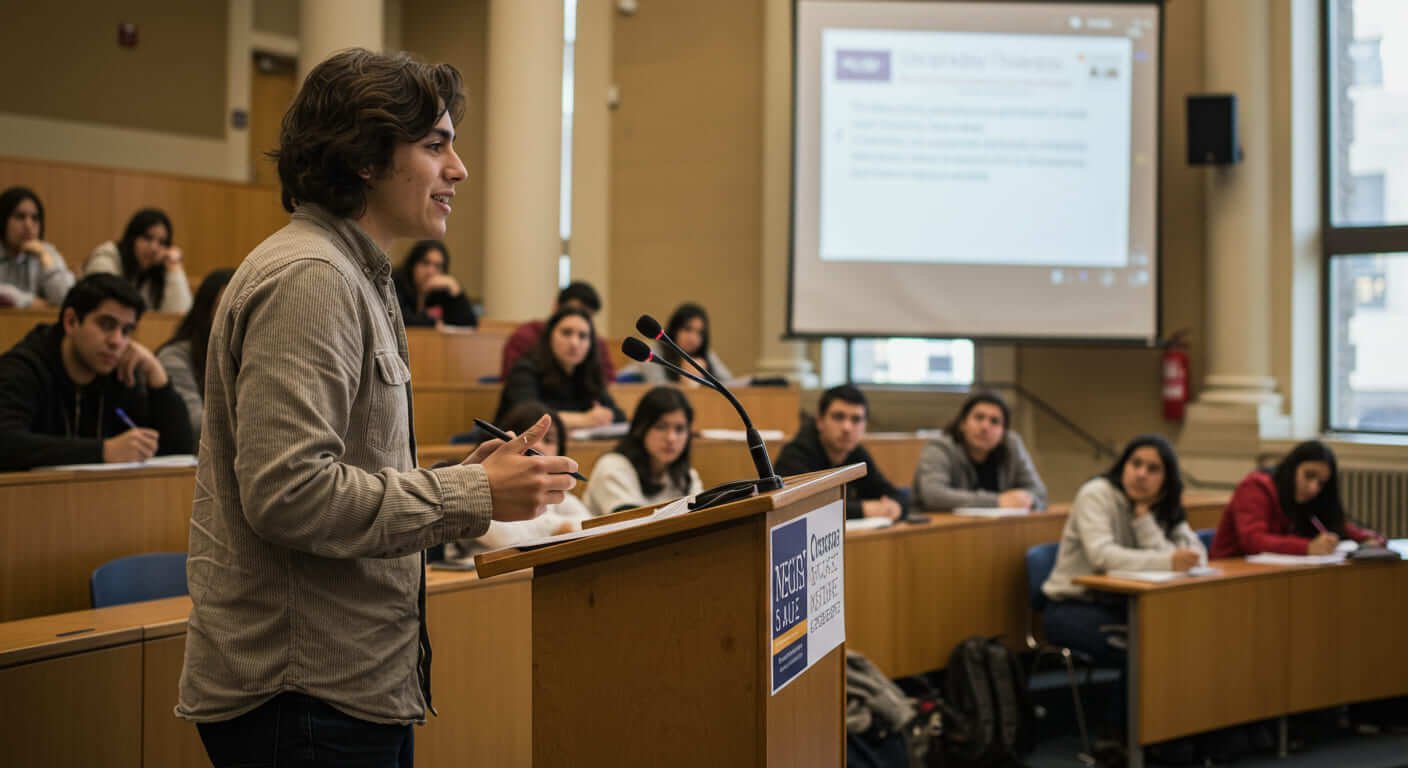Estudante apresentando um trabalho acadêmico em um congresso ou seminário, com colegas assistindo em uma sala de aula universitária.