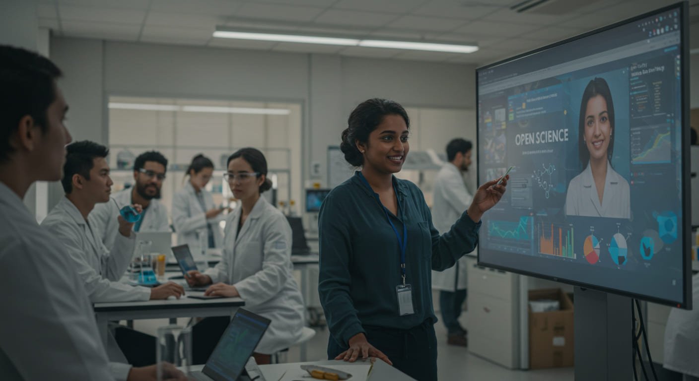 Ciência aberta sendo discutida em laboratório por equipe de pesquisadores.