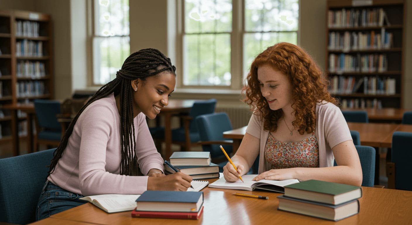 Estudantes escrevendo resumo científico em biblioteca universitária