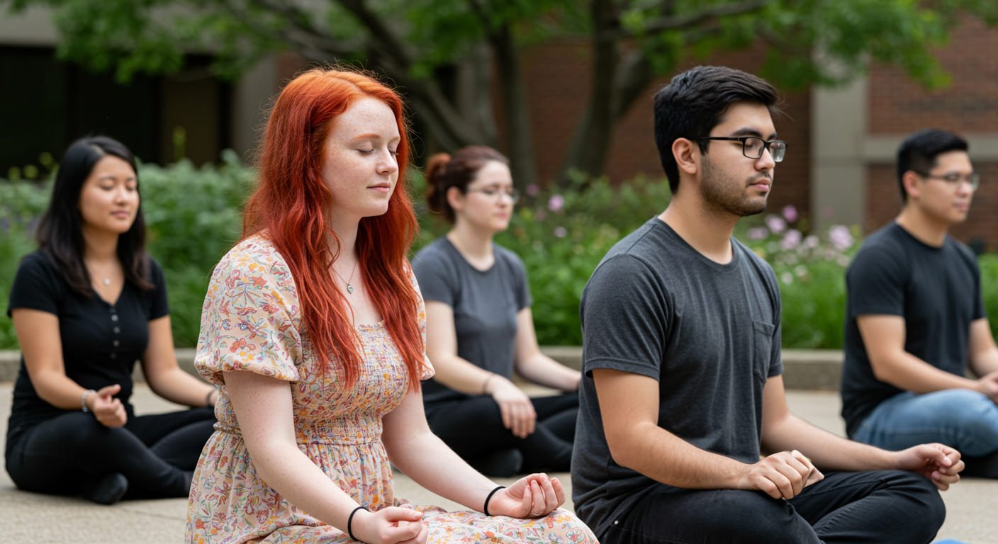 Estudantes meditando para recuperar o foco após um dia estressante.