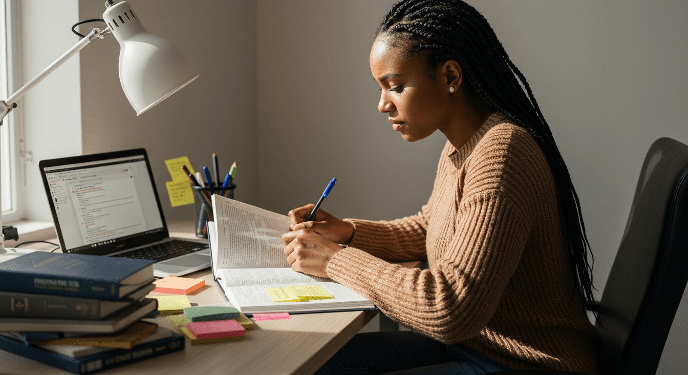 Estudante reescrevendo o TCC com livros, computador e anotações