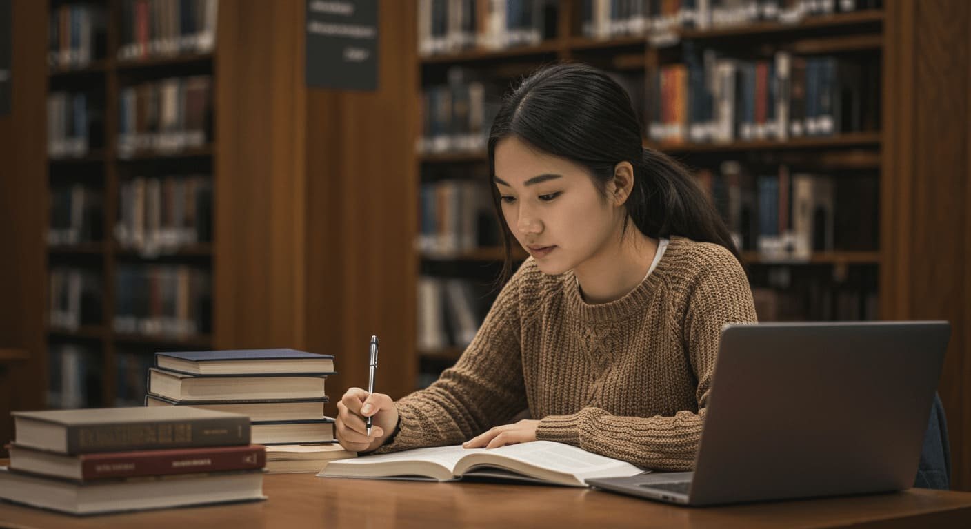 Estudante concentrada estudando na biblioteca