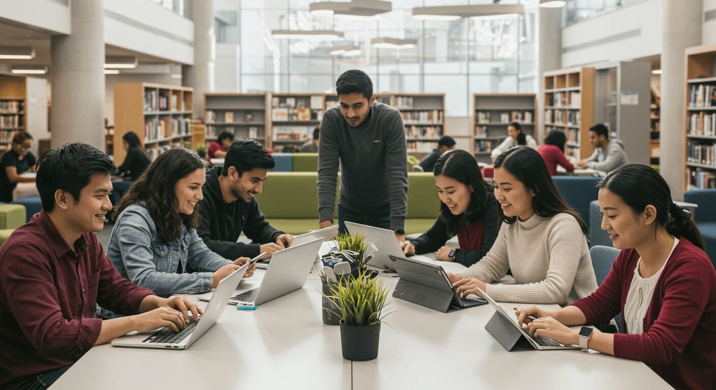 Grupo de estudantes reunidos em biblioteca desenvolvendo projeto de pesquisa em equipe.