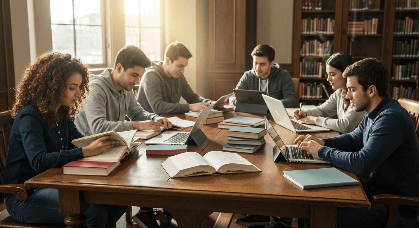 Estudantes pesquisando fundamentos epistemológicos na biblioteca