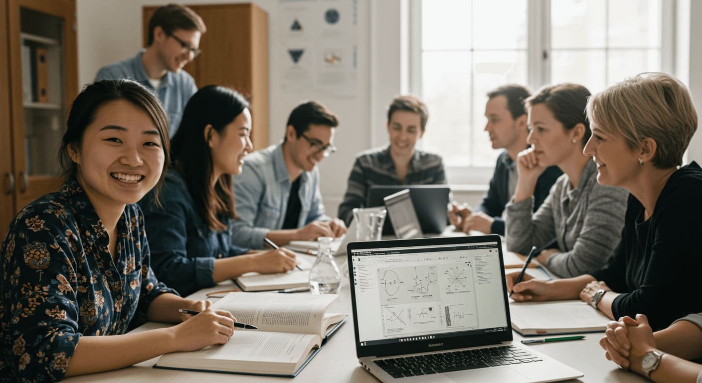 Estudantes sorrindo enquanto estudam juntos, representando equilíbrio entre estudo e vida pessoal.