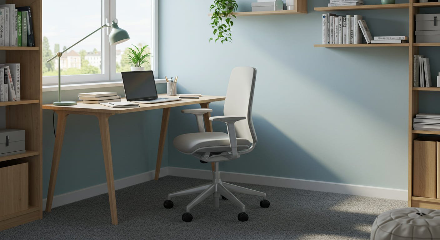 Espaço de estudo acolhedor com cadeira ergonômica e mesa organizada ao lado de janela iluminada.