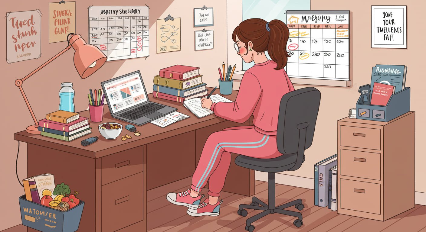 Estudante universitária planejando estudos com calendário, livros e laptop em ambiente organizado.