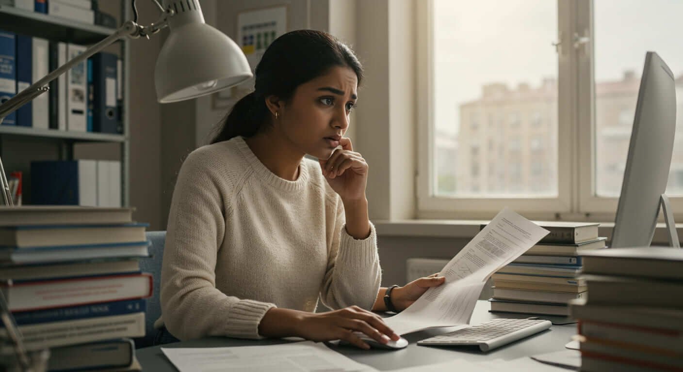 Estudante universitária demonstrando sinais de ansiedade ao estudar diante de uma pilha de livros e documentos, sentada em frente ao computador em um ambiente de estudo iluminado.