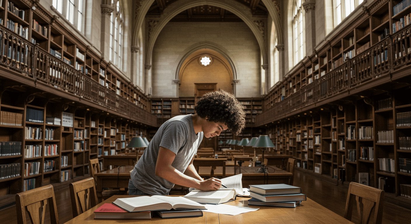 Jovem pesquisador em biblioteca consultando livros para compor referências bibliográficas de forma correta.
