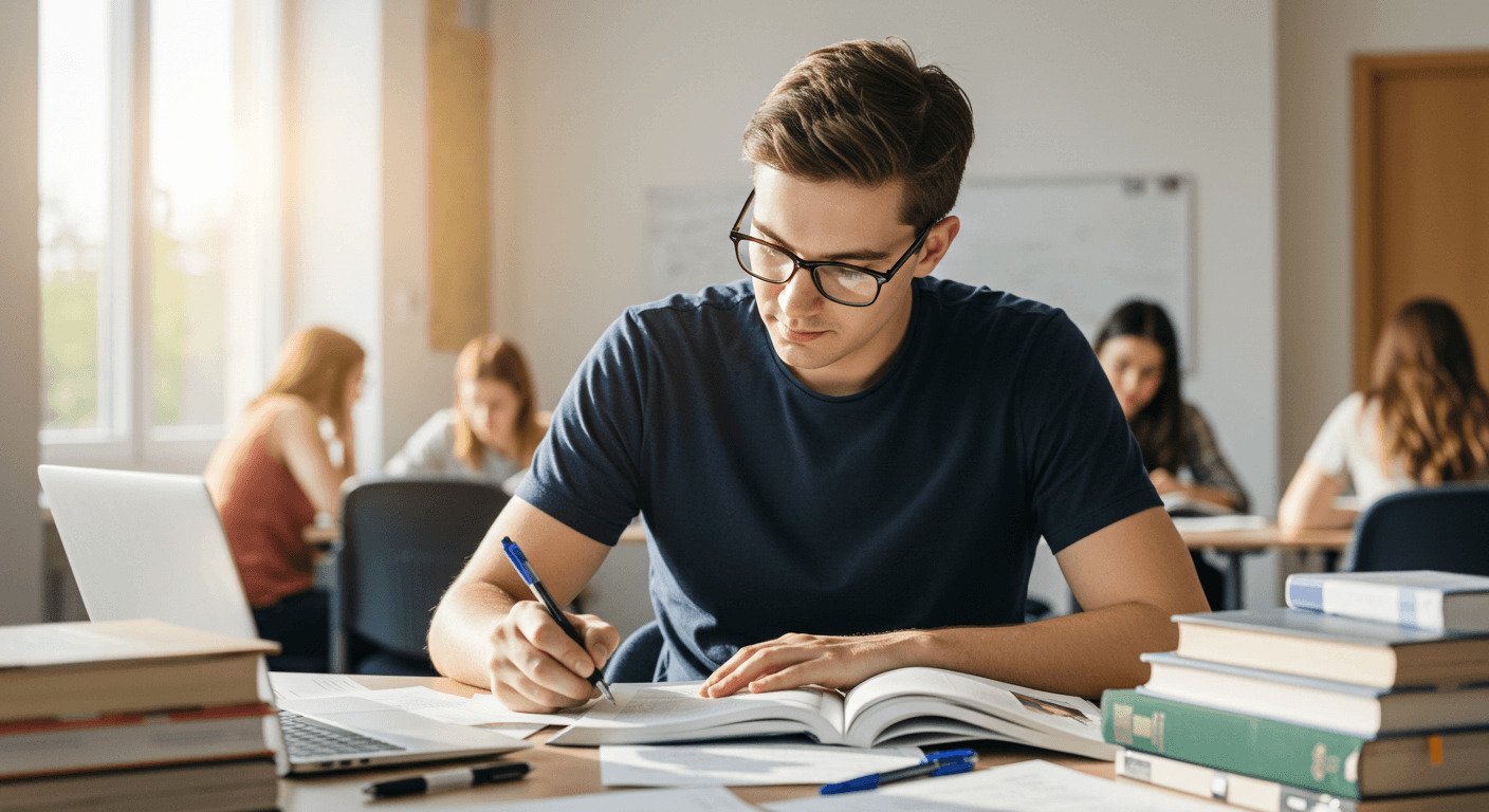 Jovem estudante escrevendo em um caderno, com livros empilhados, ilustrando a rotina intensa e a busca por equilíbrio na vida acadêmica.