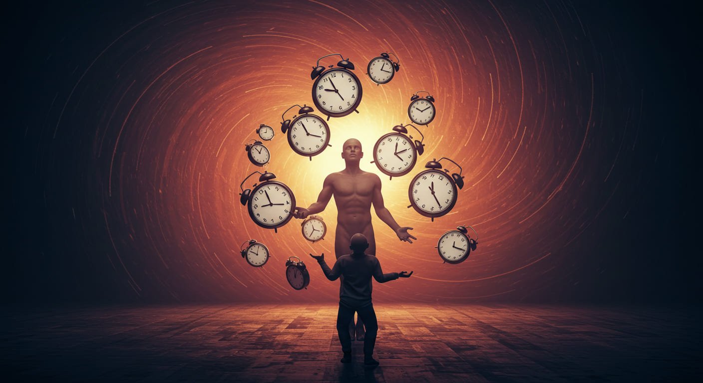 Representação visual do tempo e produtividade na pesquisa acadêmica com elementos simbólicos.
