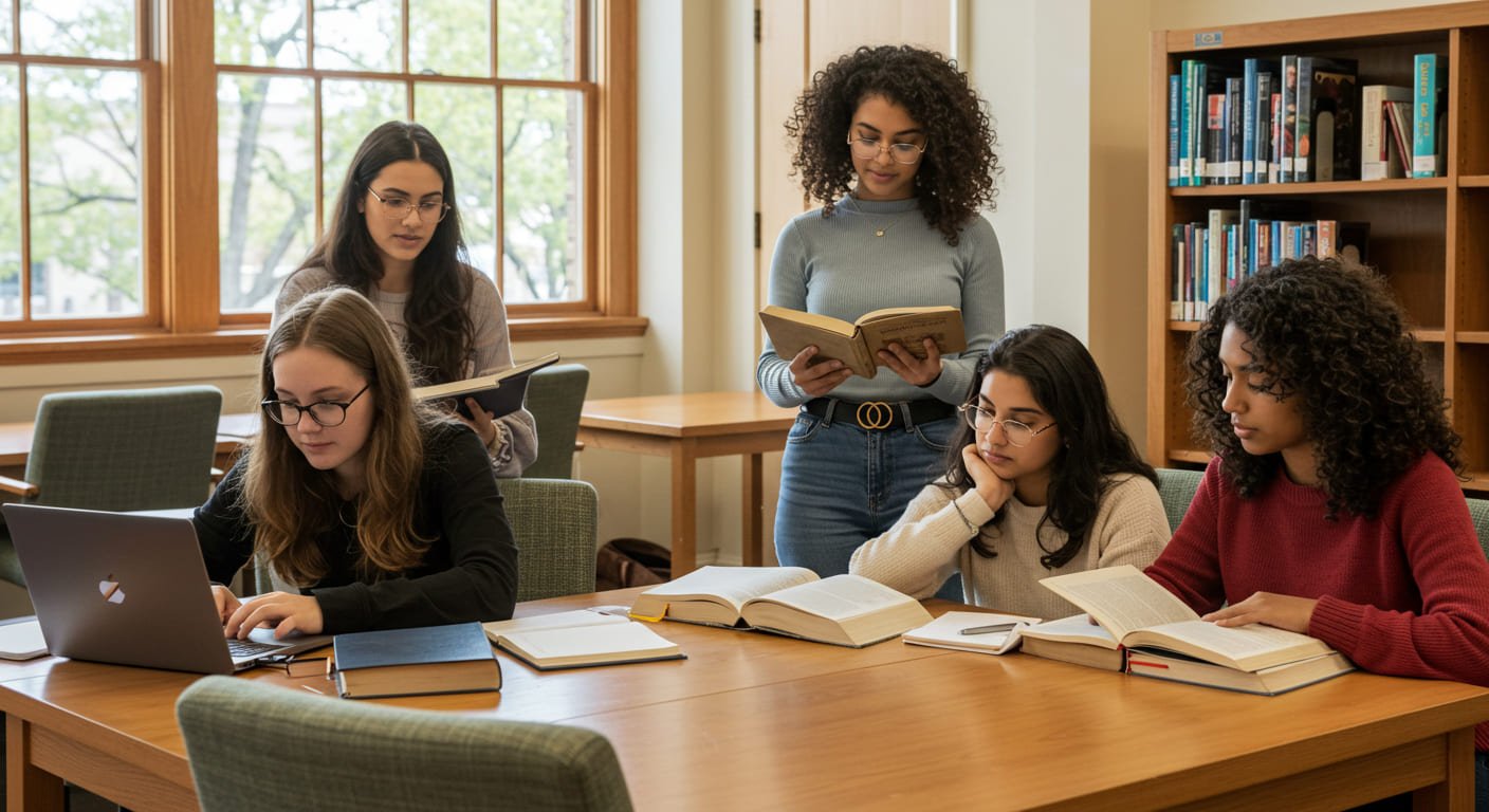 Estudantes pesquisando e estudando em grupo na biblioteca, representando o conceito de metodologia científica.