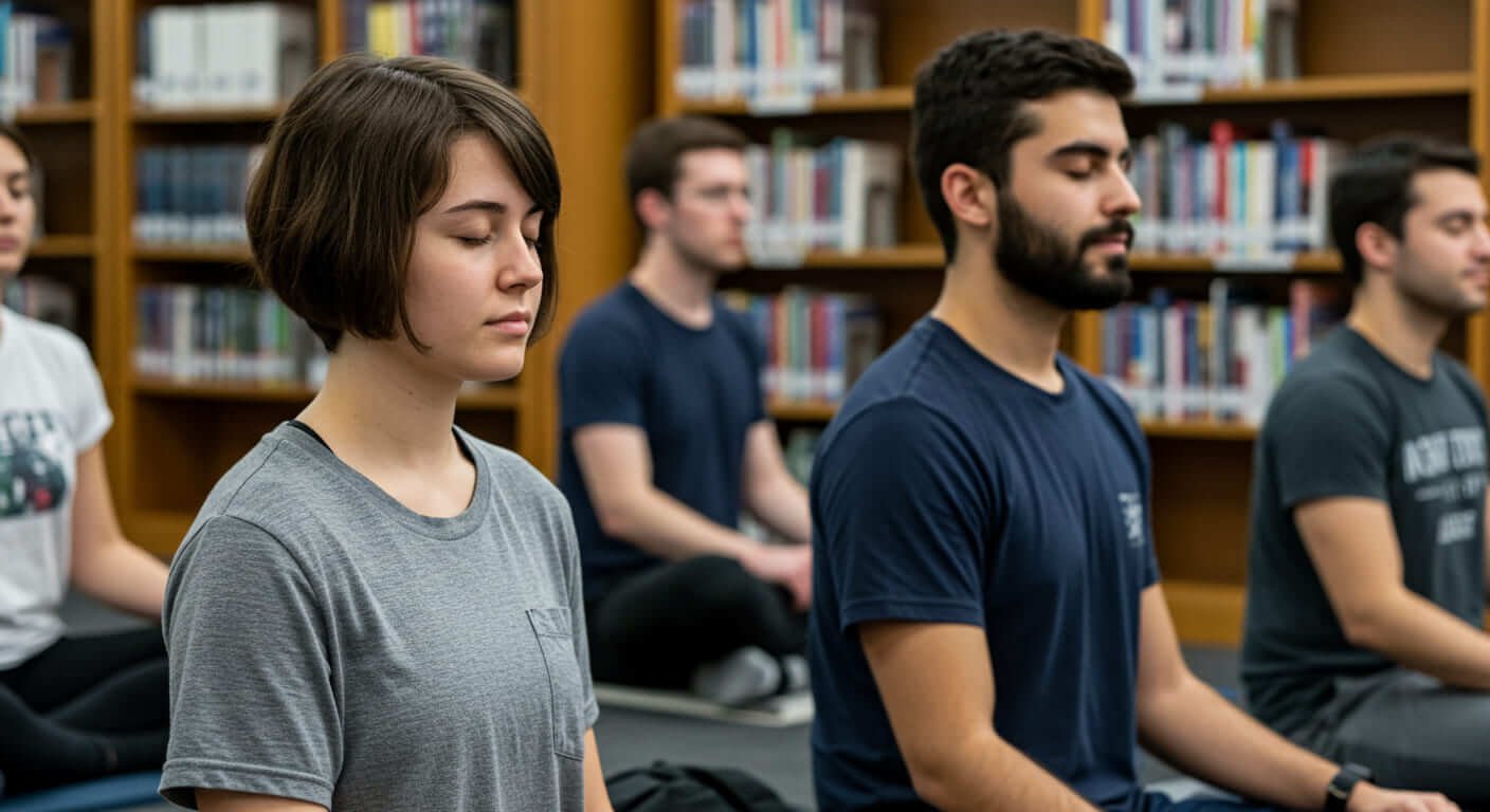 Grupo de estudantes meditando em sala com estantes de livros, aplicando técnicas de atenção plena para reduzir o estresse acadêmico