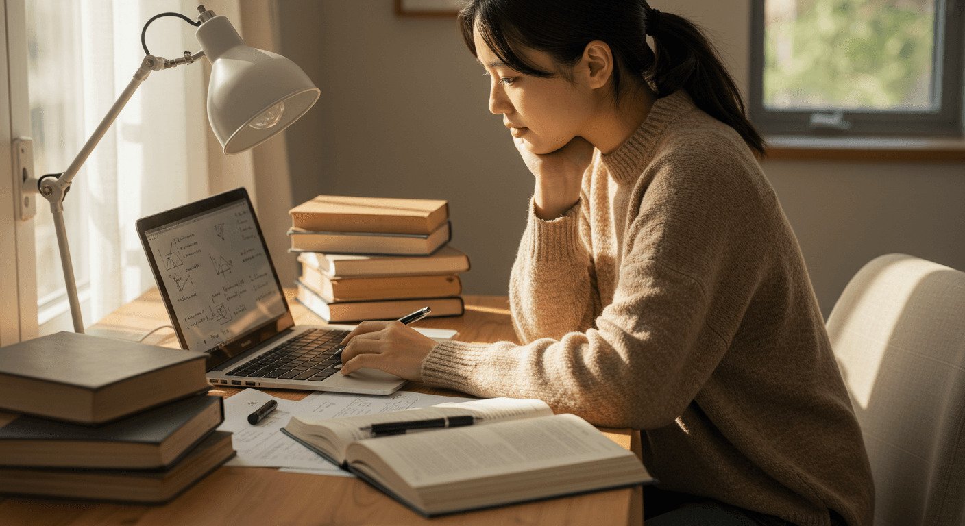 Estudante concentrada escrevendo artigo científico com foco em coesão textual.