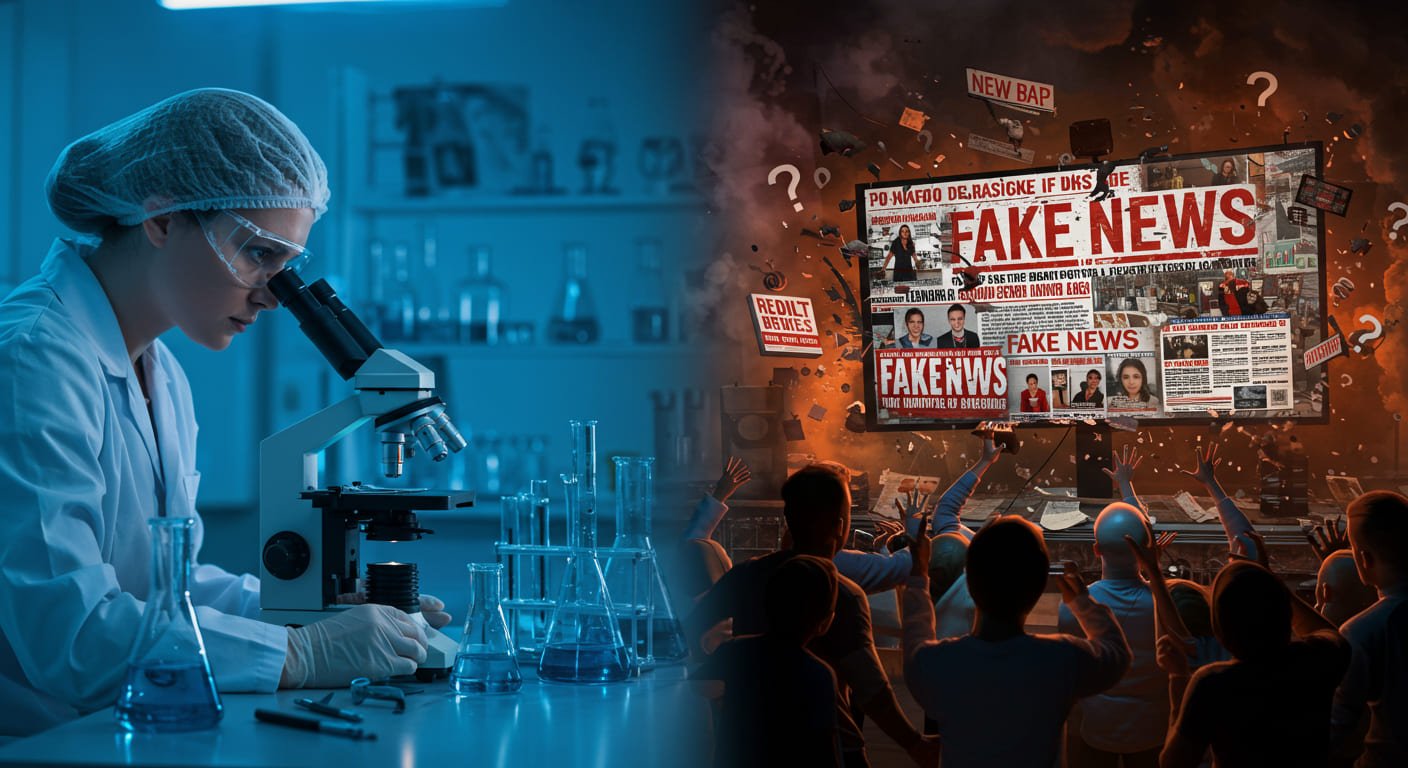 Cientista pesquisando enquanto pessoas reagem a uma tela cheia de fake news