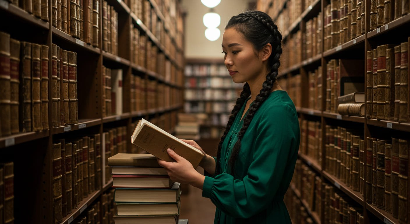 Pesquisadora consultando livros em biblioteca, representando a base teórica da pesquisa aplicada.