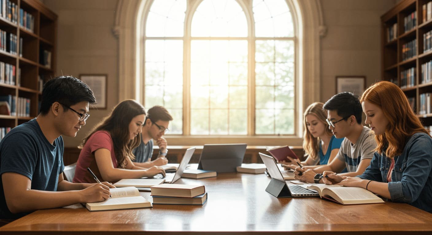 Grupo de estudantes realizando pesquisa bibliográfica em biblioteca com computadores e livros.