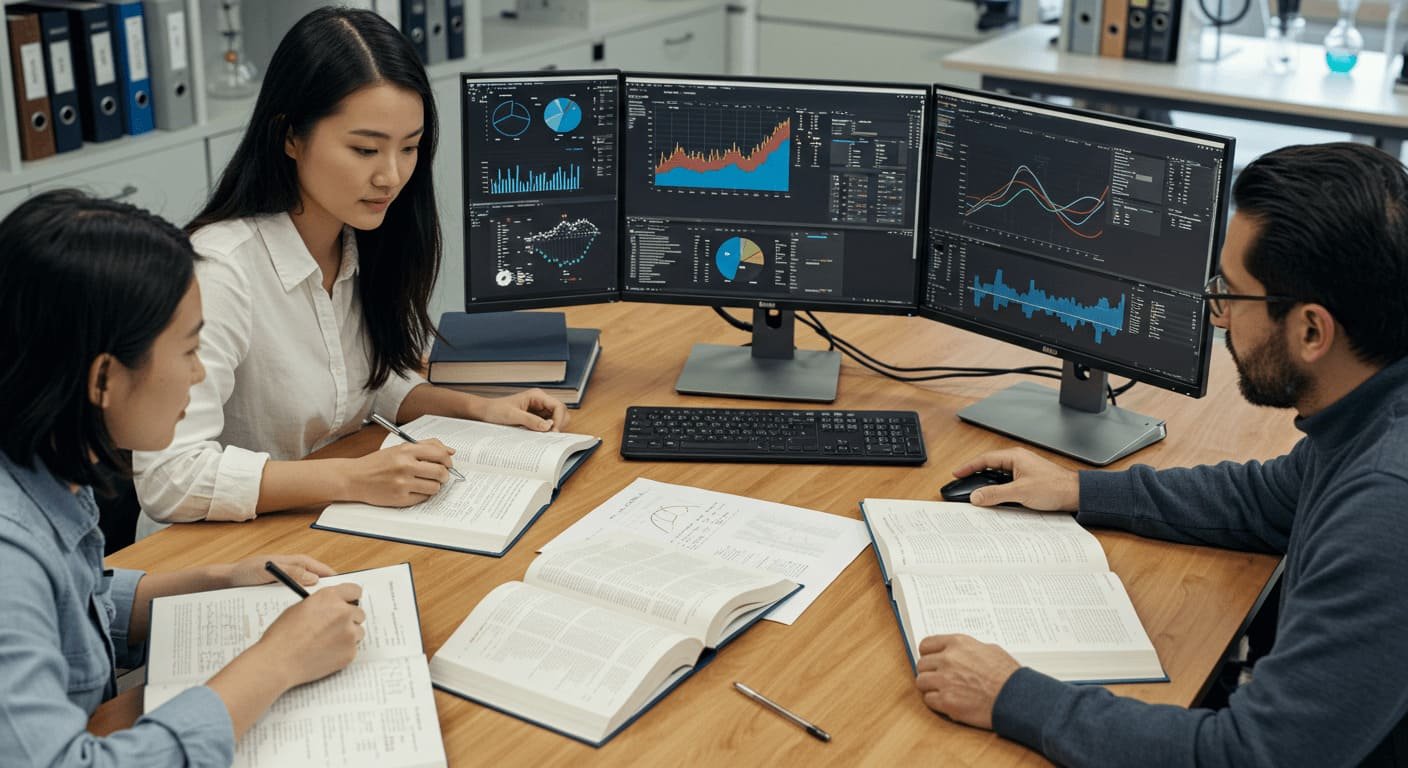 Pesquisadores analisando dados e gráficos em pesquisa de ciências exatas com apoio de livros e computadores.