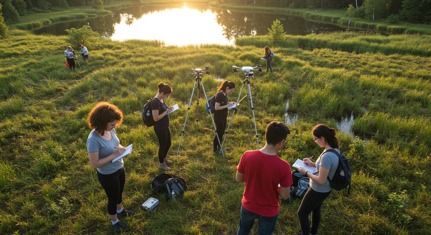 Estudantes realizando pesquisa de campo com coleta de dados ambientais em área natural.