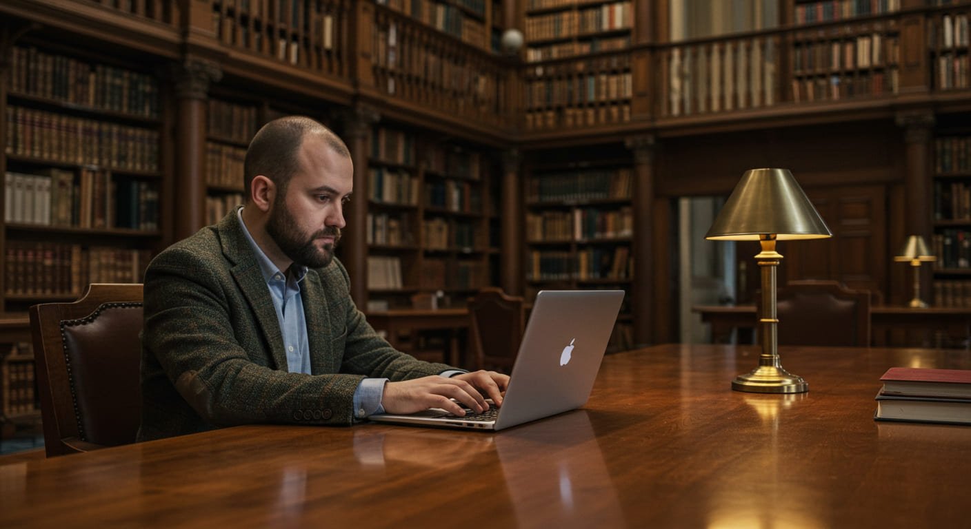 Pesquisador digitando na biblioteca para registrar sua produção científica no ORCID