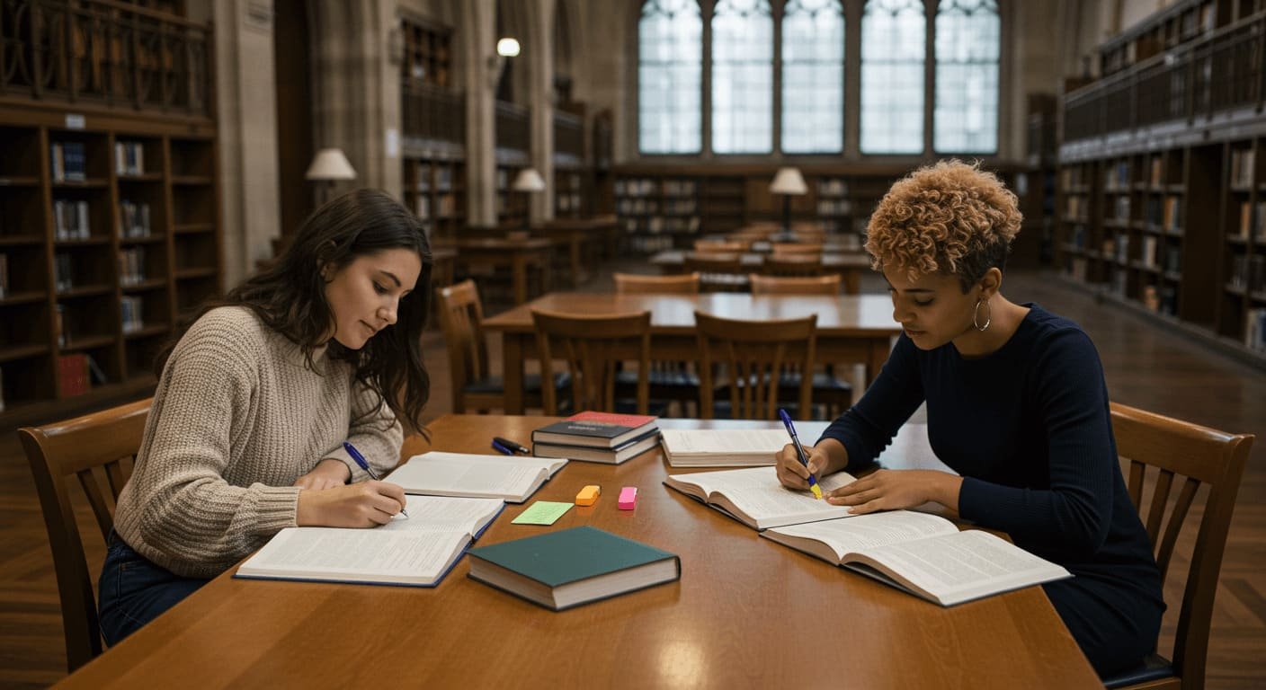 Estudantes em uma biblioteca organizando a rotina acadêmica com livros, marca-textos e planejamento semanal.