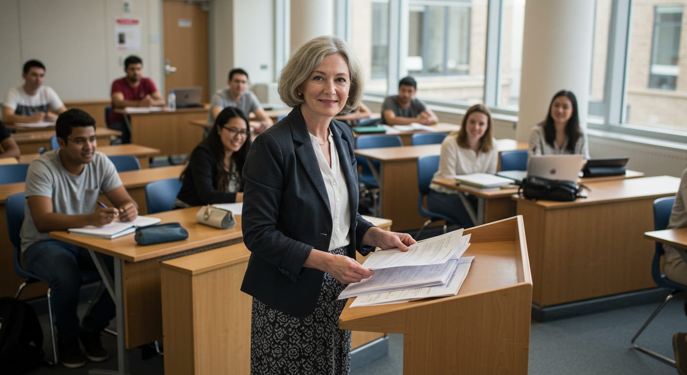 Professora em sala de aula com alunos universitários discutindo produção científica.