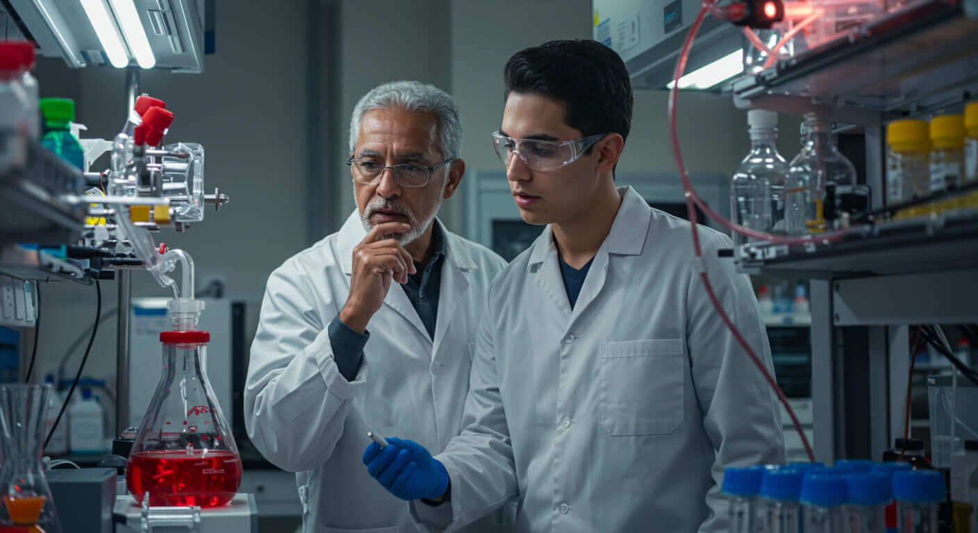 Dois pesquisadores em laboratório discutem detalhes de um experimento científico, simbolizando o planejamento e a execução de pesquisas experimentais.
