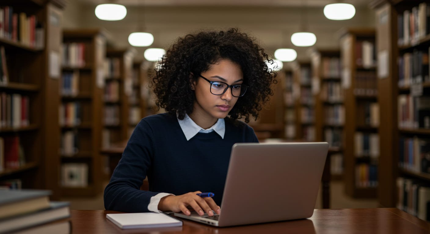 Estudante revisando artigo científico em biblioteca para publicar como capítulo de livro