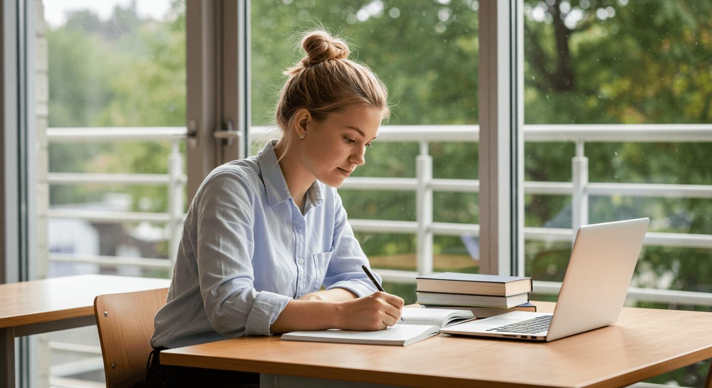 Pessoa escrevendo artigo acadêmico com livros e notebook sobre a mesa, simbolizando a prática da redação científica.