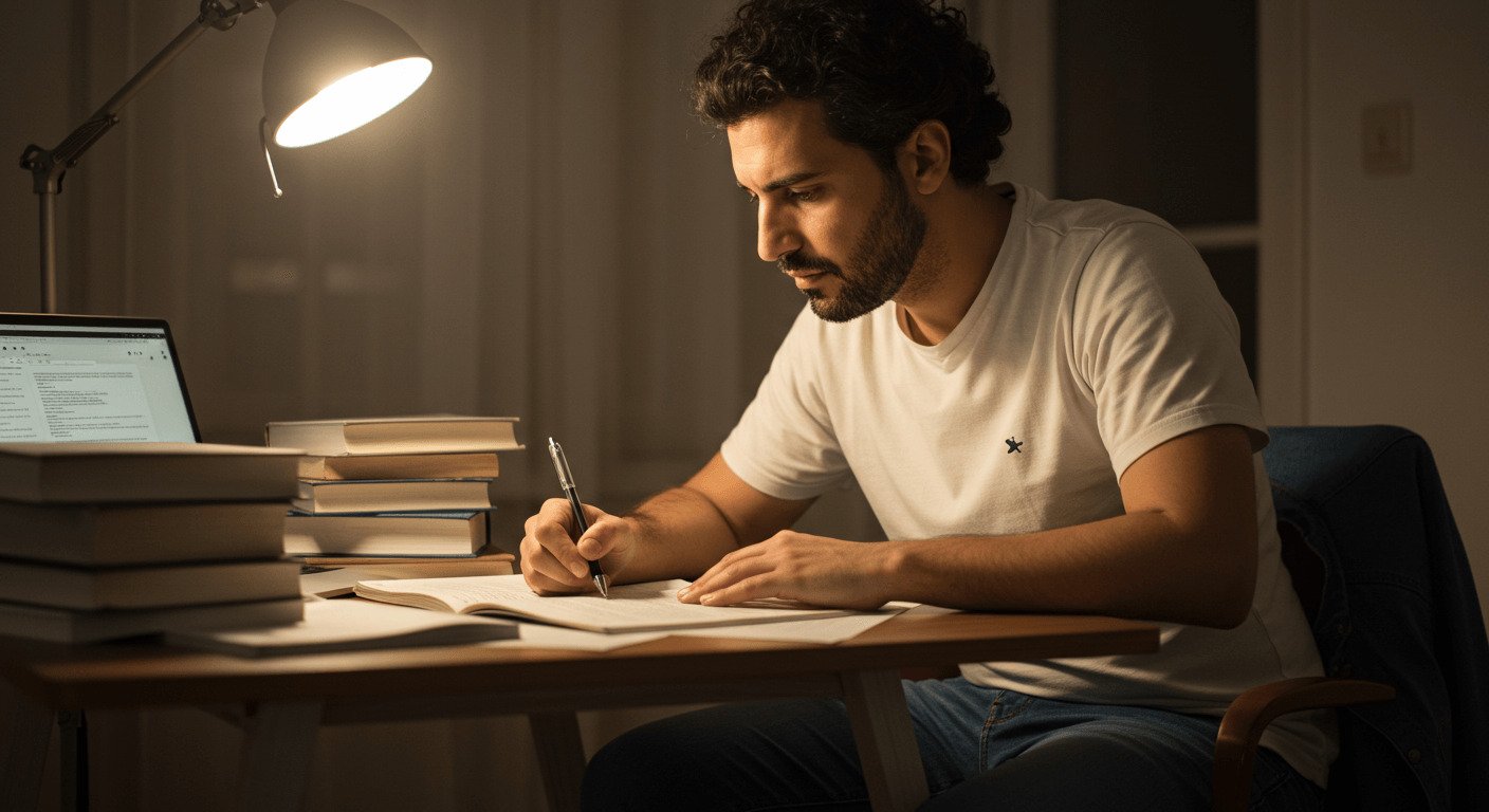 Pesquisador concentrado fazendo revisão de literatura com livros e notebook à noite.