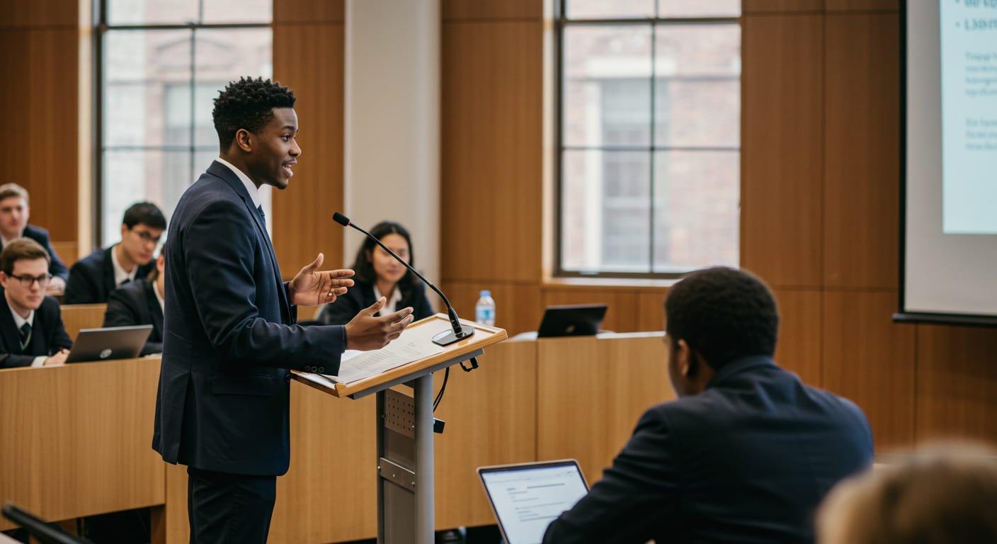 Pesquisador apresentando trabalho acadêmico com foco em soft skills na universidade