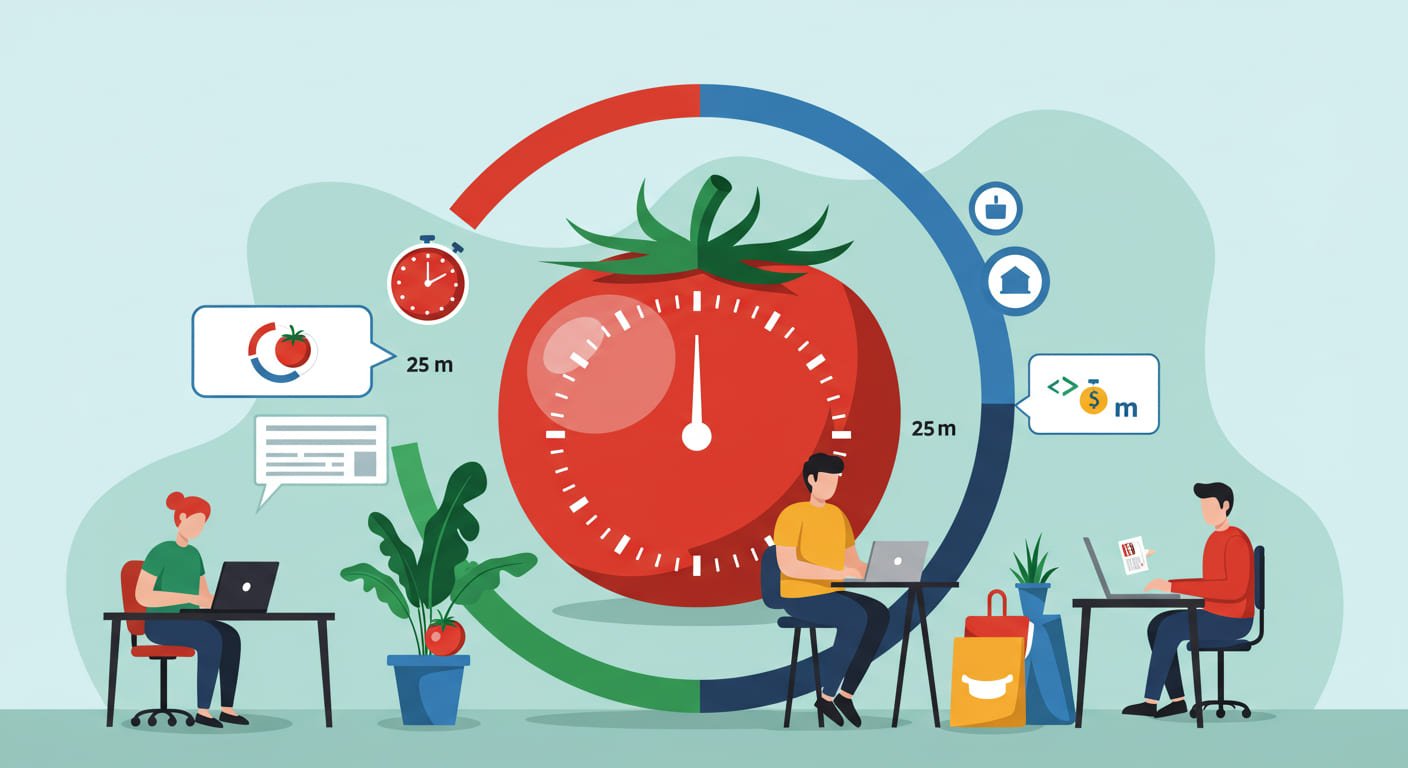 Ilustração da Técnica Pomodoro com pessoas trabalhando em blocos de 25 minutos.
