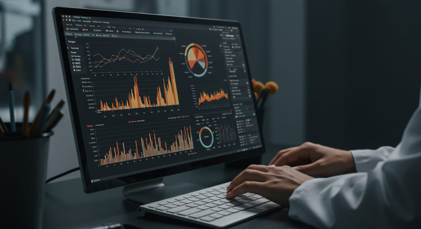 Pessoa utilizando software de análise estatística com gráficos e dashboards em tela de computador.