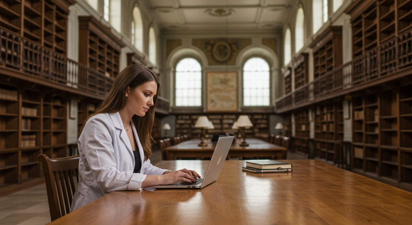 Estudante analisando dados acadêmicos em uma biblioteca silenciosa e iluminada