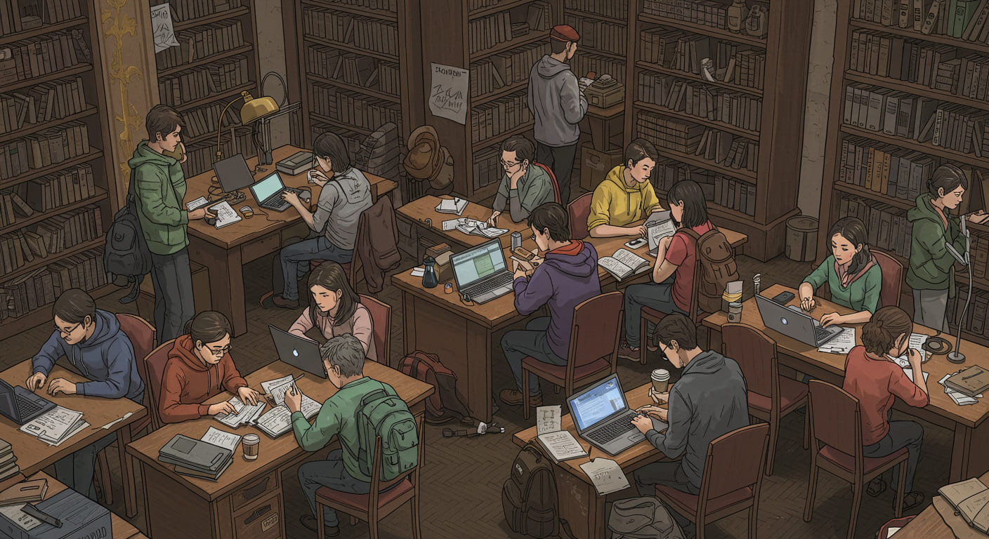 Estudantes em biblioteca universitária com foco intenso nos estudos e computadores abertos