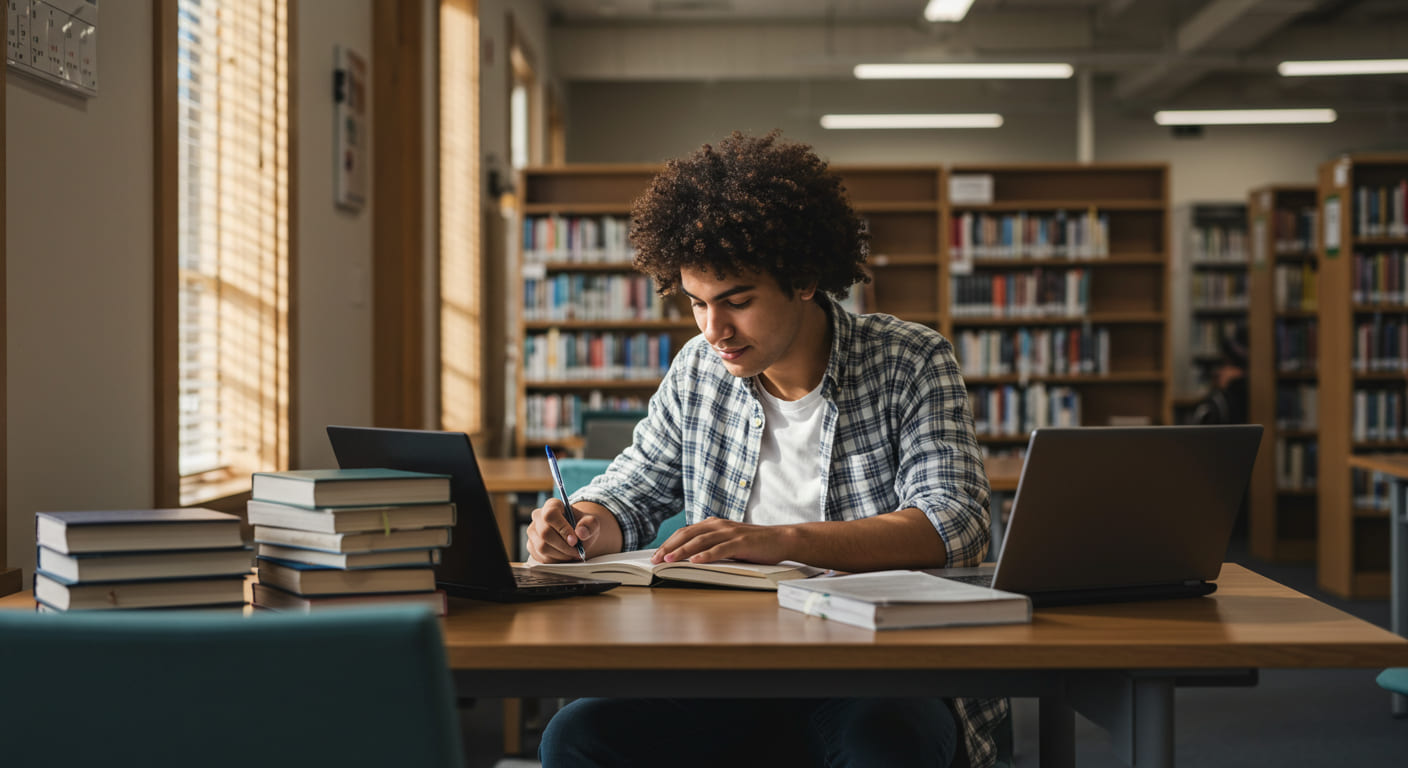 Estudante escrevendo projeto acadêmico em biblioteca, cercado por livros e laptops.