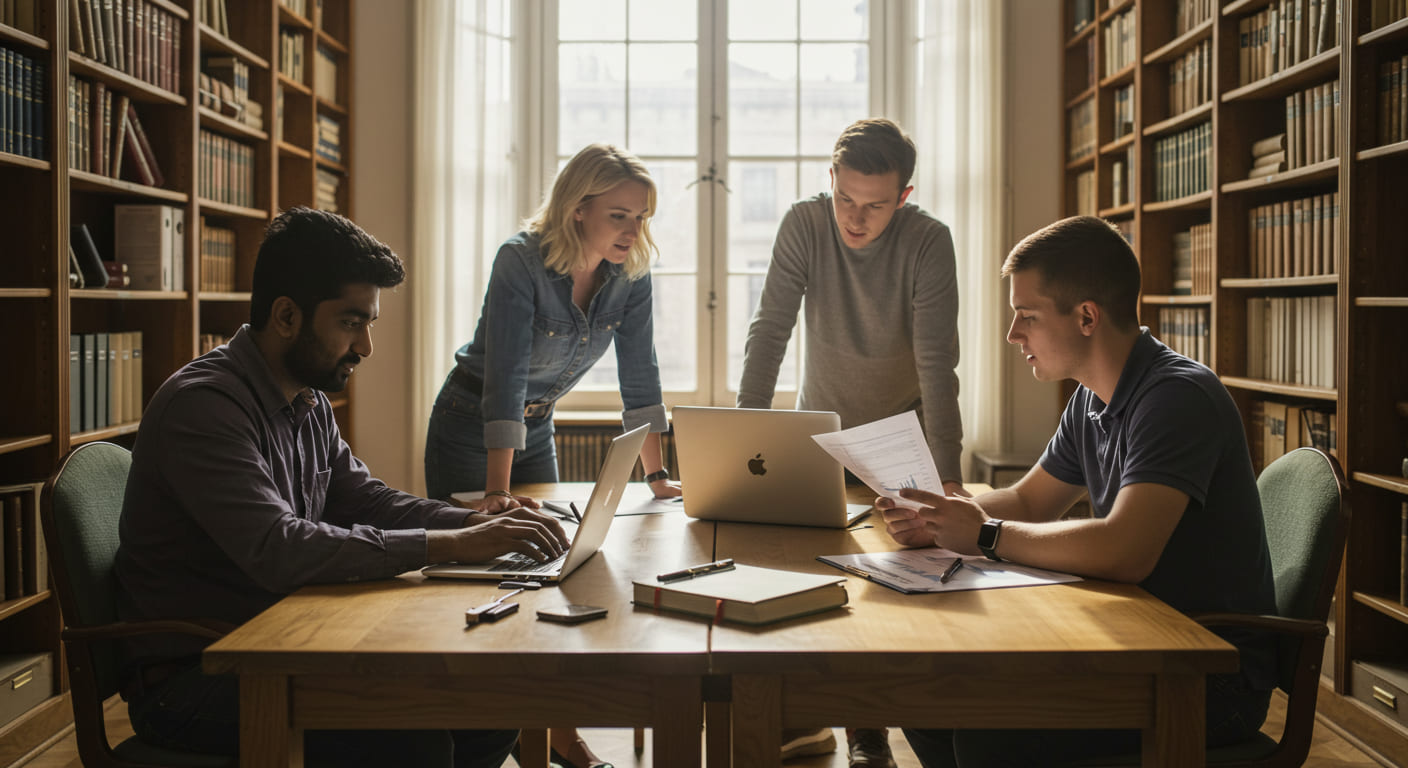 Grupo de quatro pesquisadores trabalhando juntos em uma biblioteca, usando laptops e analisando documentos impressos.
