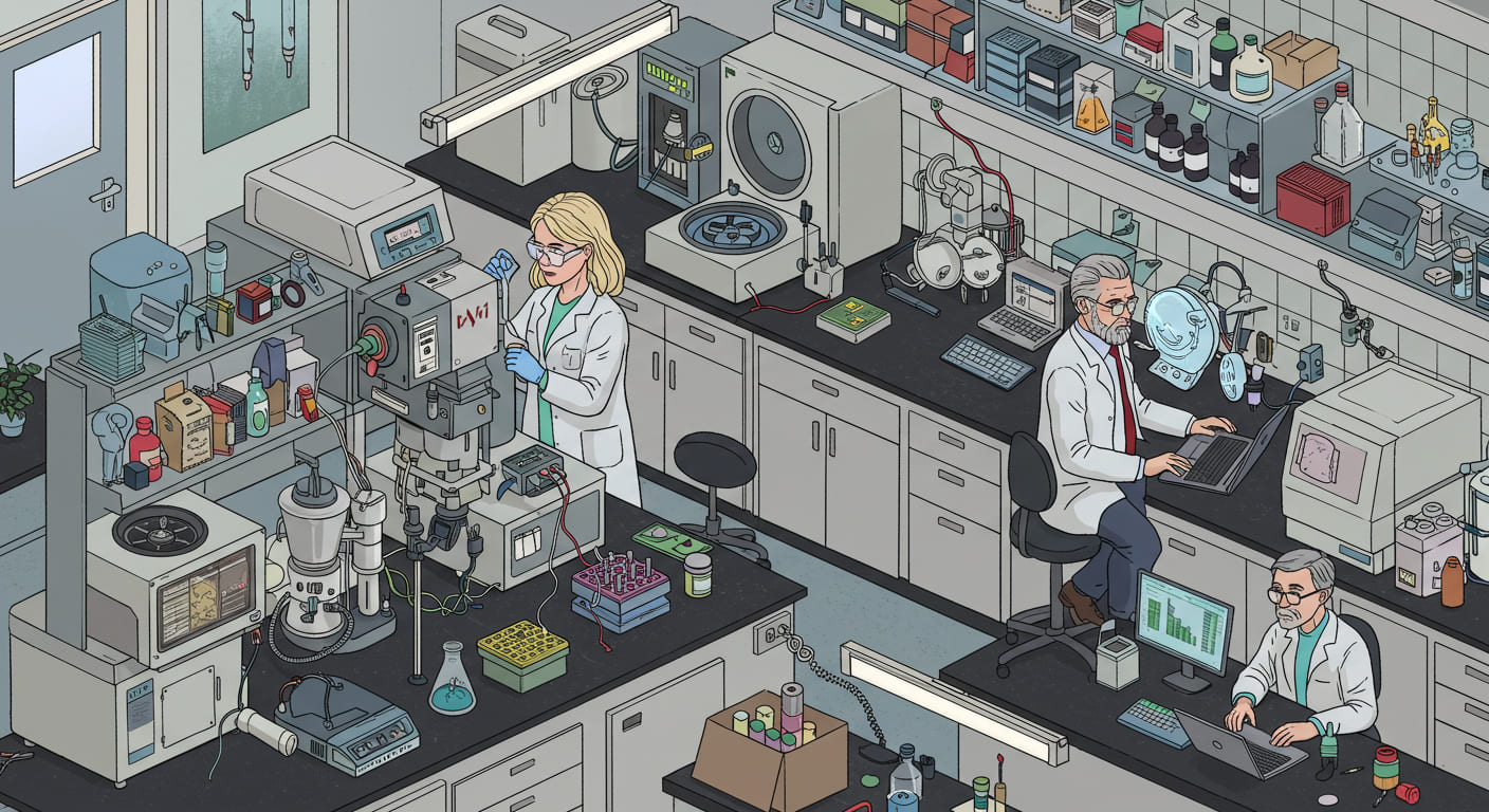 Ilustração de cientistas trabalhando em laboratório moderno com equipamentos tecnológicos avançados.