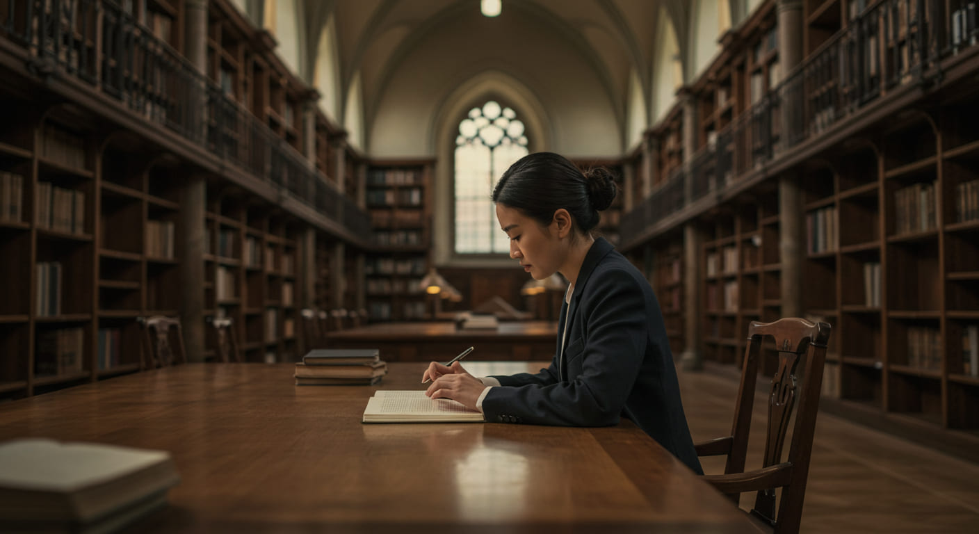 Pesquisadora refletindo sobre sua trajetória acadêmica em uma biblioteca histórica