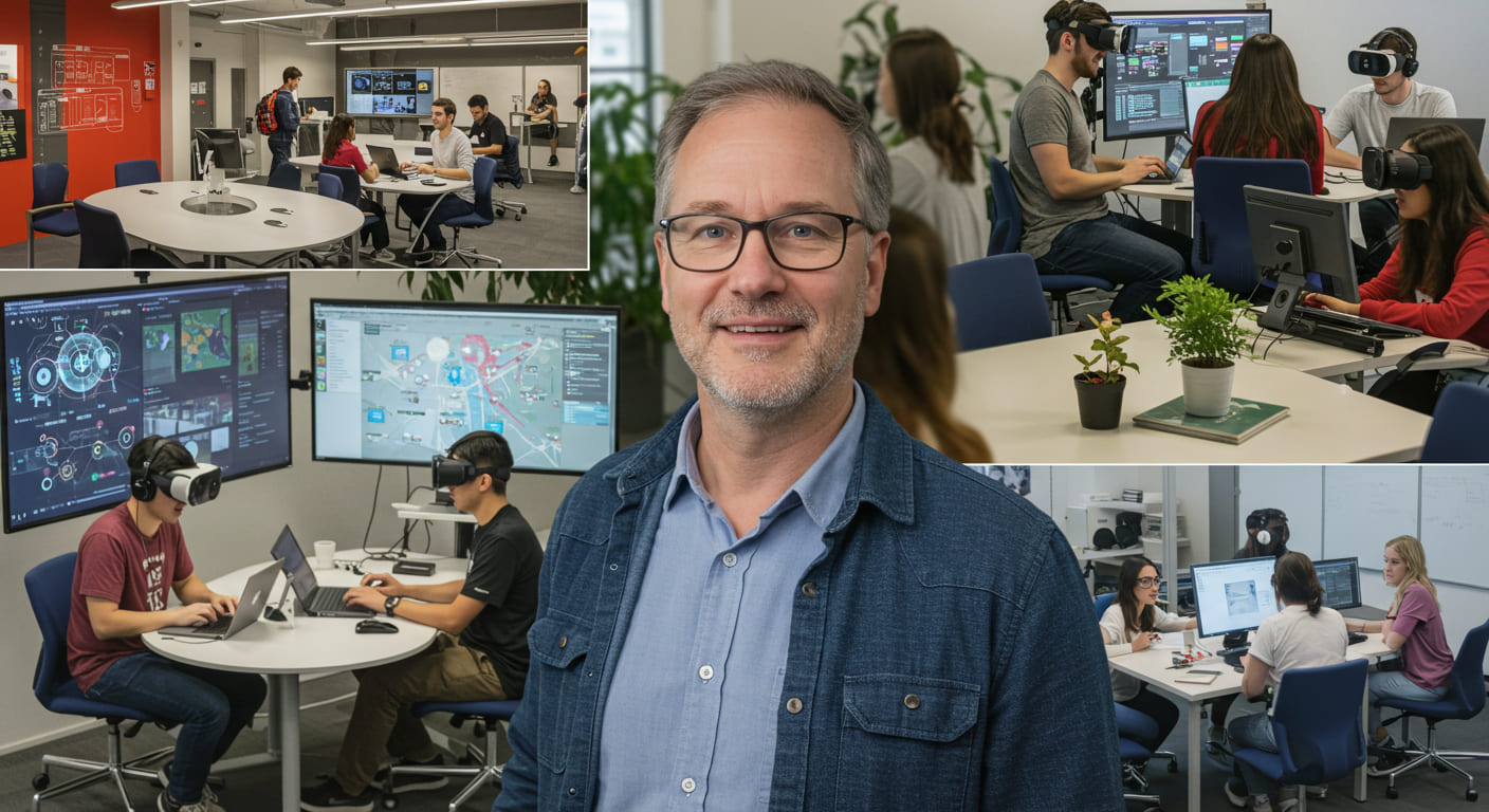 Estudantes e professor utilizando tecnologias digitais como realidade virtual e computadores em ambiente acadêmico moderno.