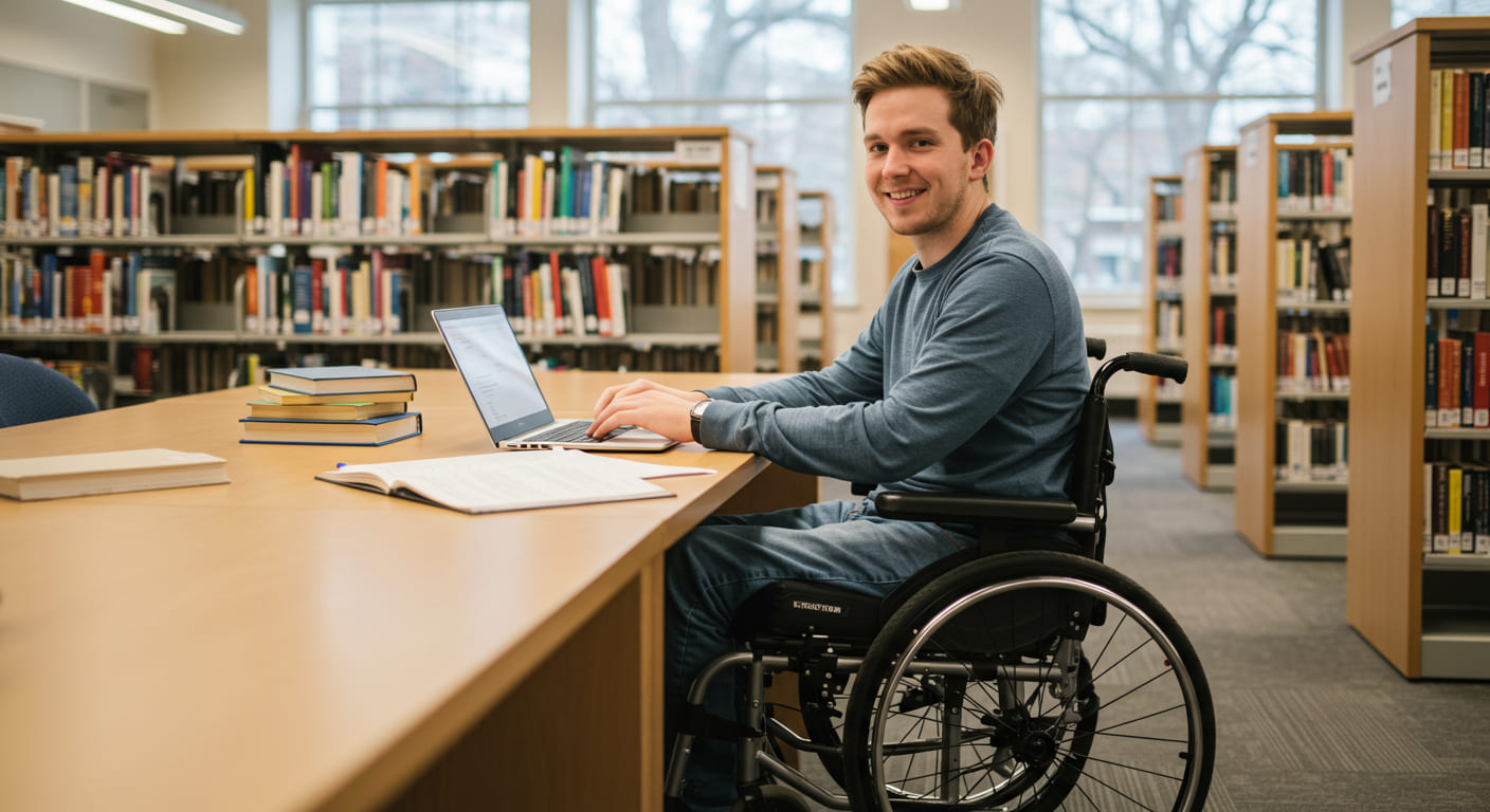 Jovem estudante em cadeira de rodas usando notebook em biblioteca, estudando para transformar seu TCC em livro.