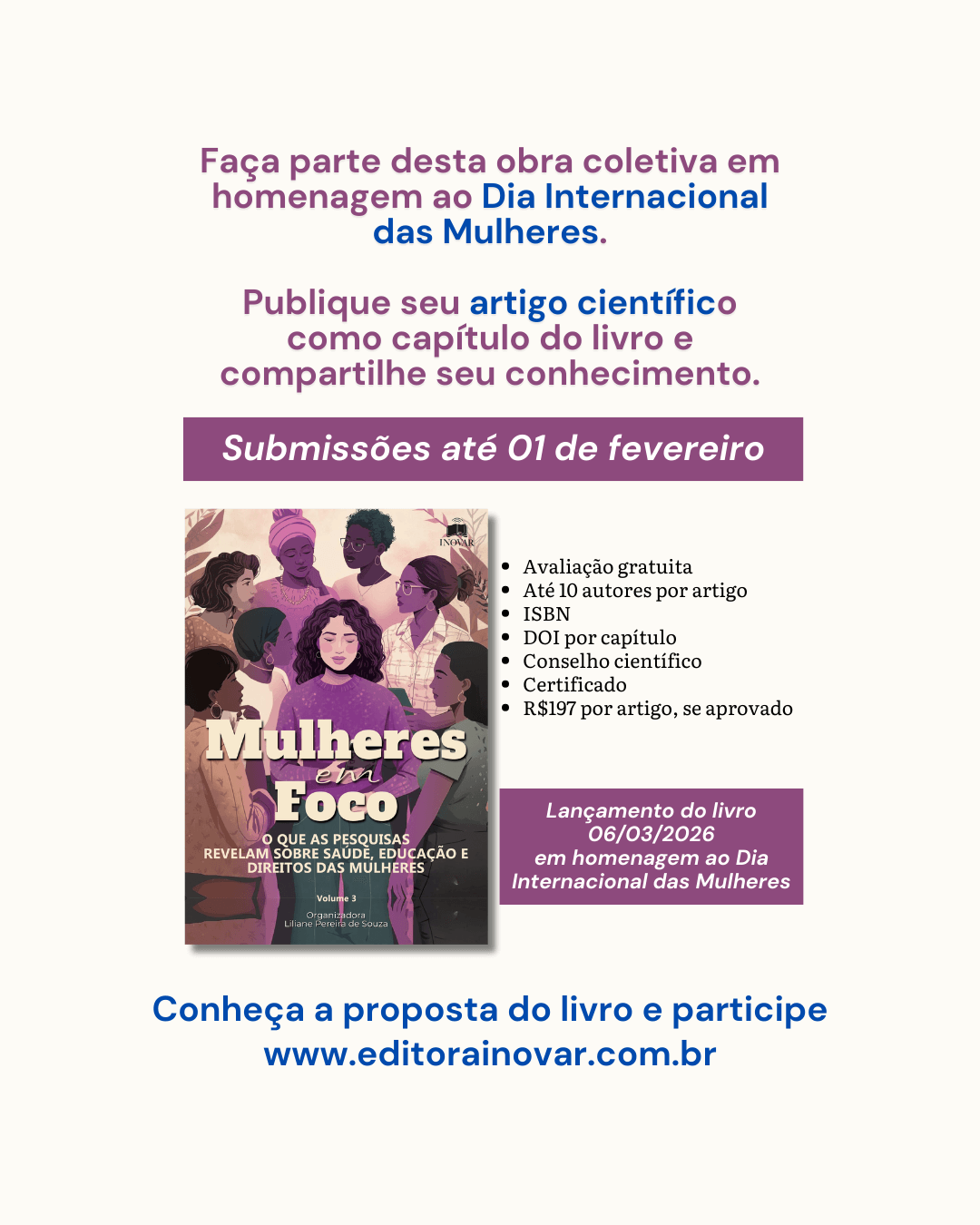 Chamada para artigos científicos para publicação no livro Mulheres em Foco: O que as pesquisas revelam sobre saúde, educação e direito das mulheres, vol. 3. Submissão até 01/02/2026.
